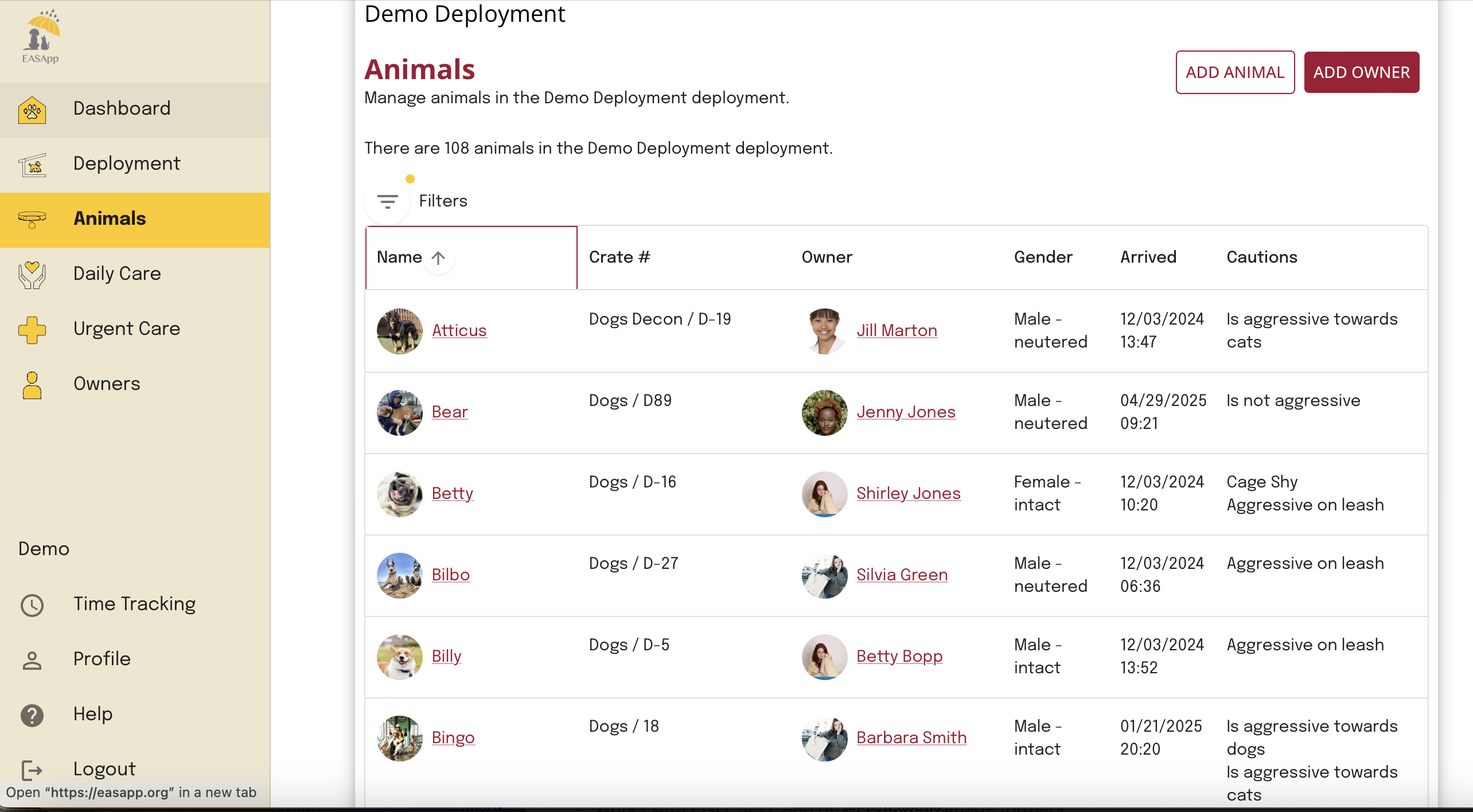 EASApp animal summary screen showing animal records, care information, and cautions
