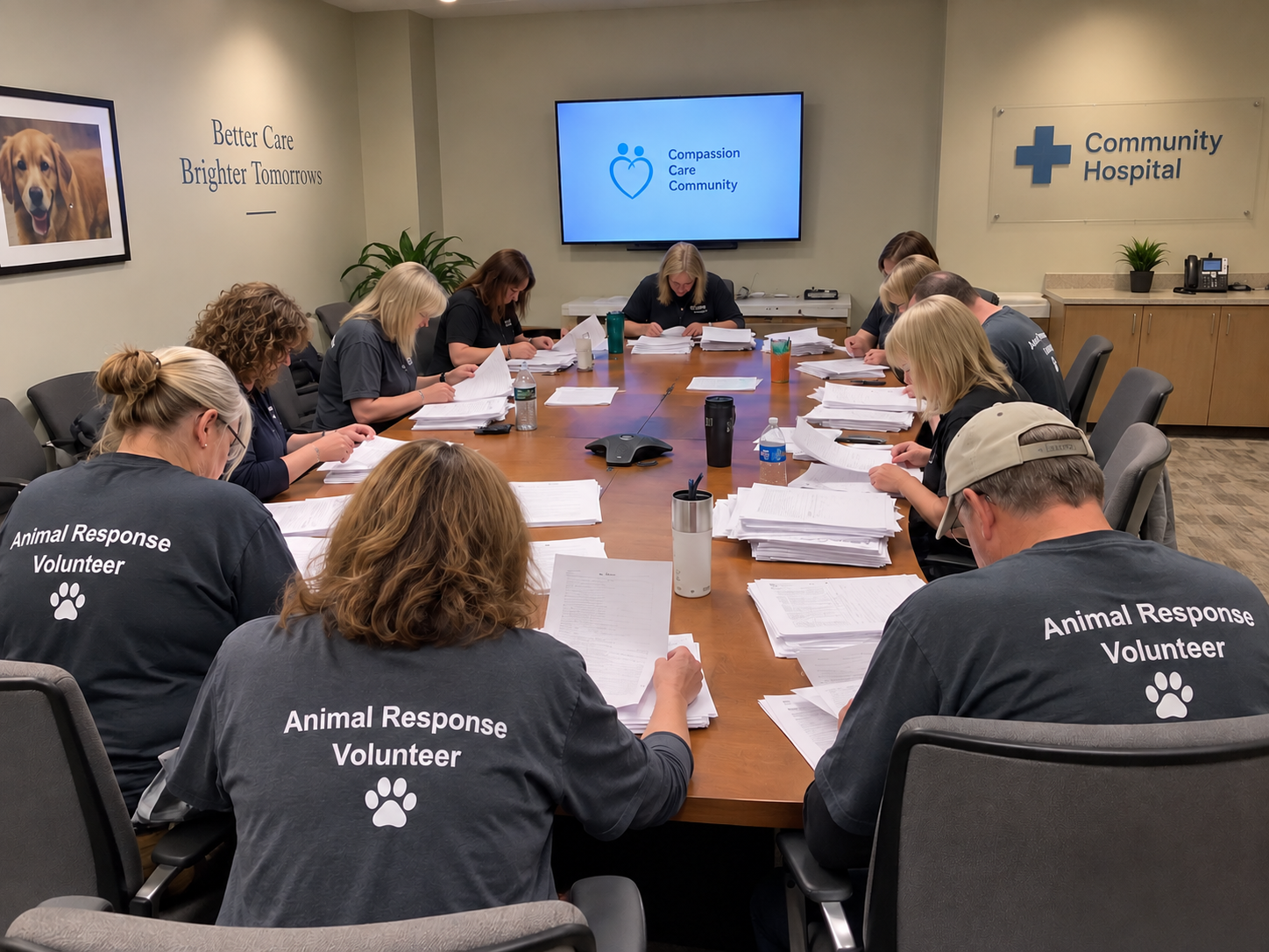 Volunteers gathered around a table at a disaster animal response team meeting