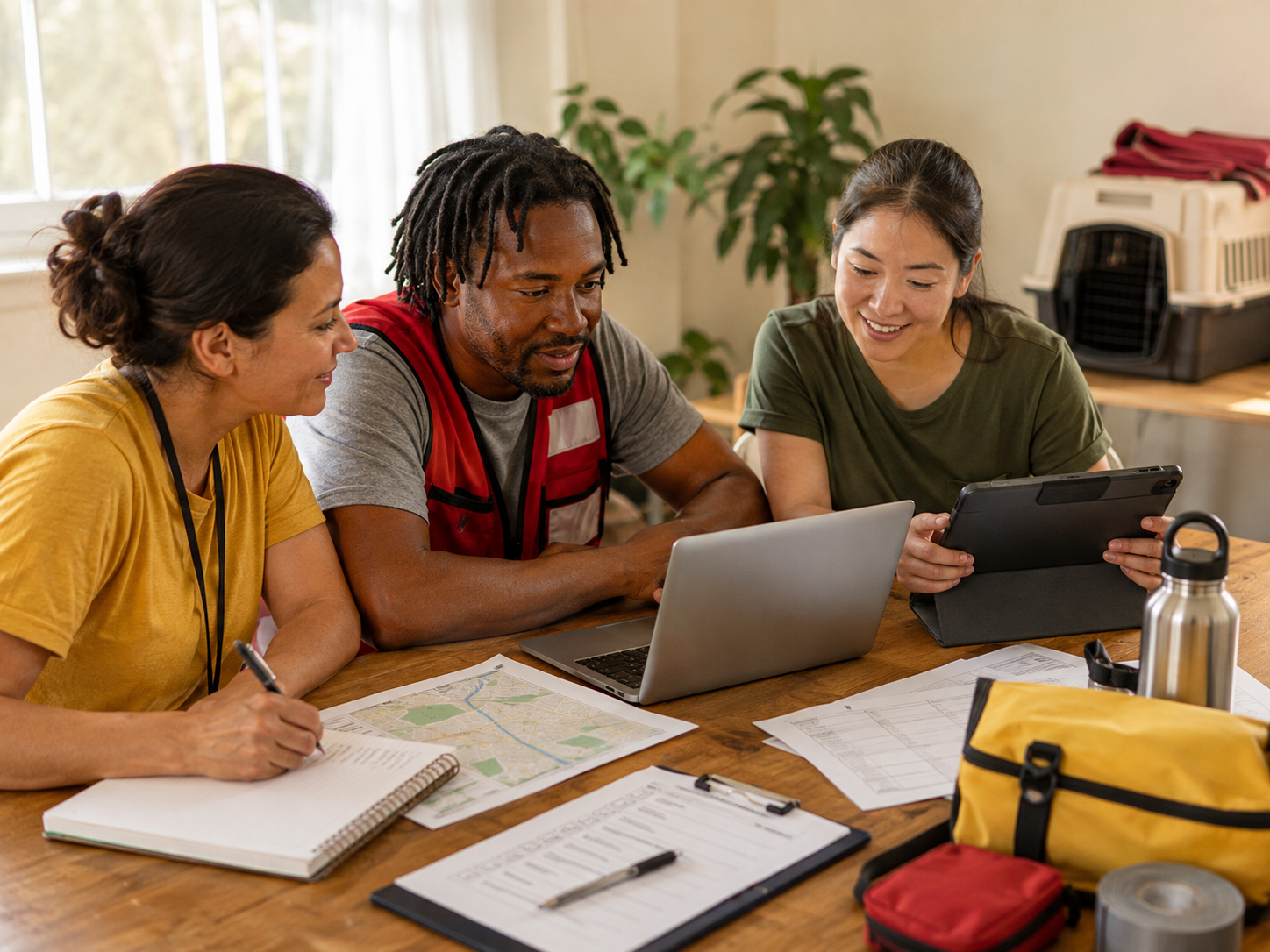 Animal response team planning together with a laptop, tablet, map, and checklists