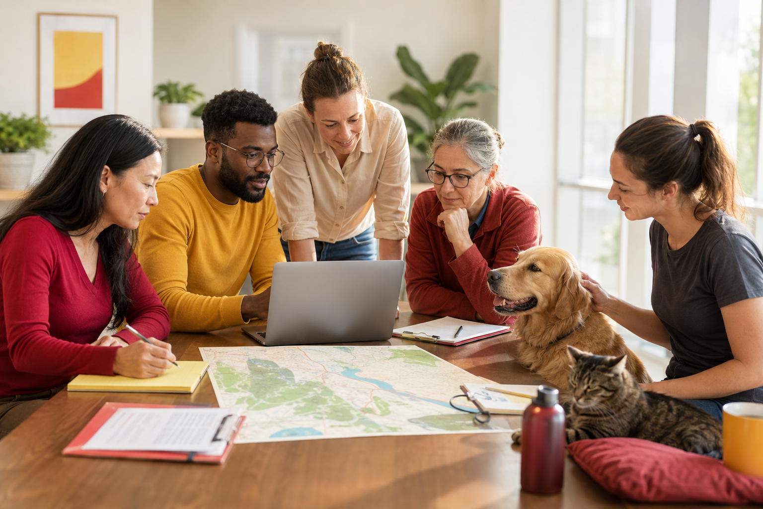 Community volunteers and animal-care partners collaborating around a table